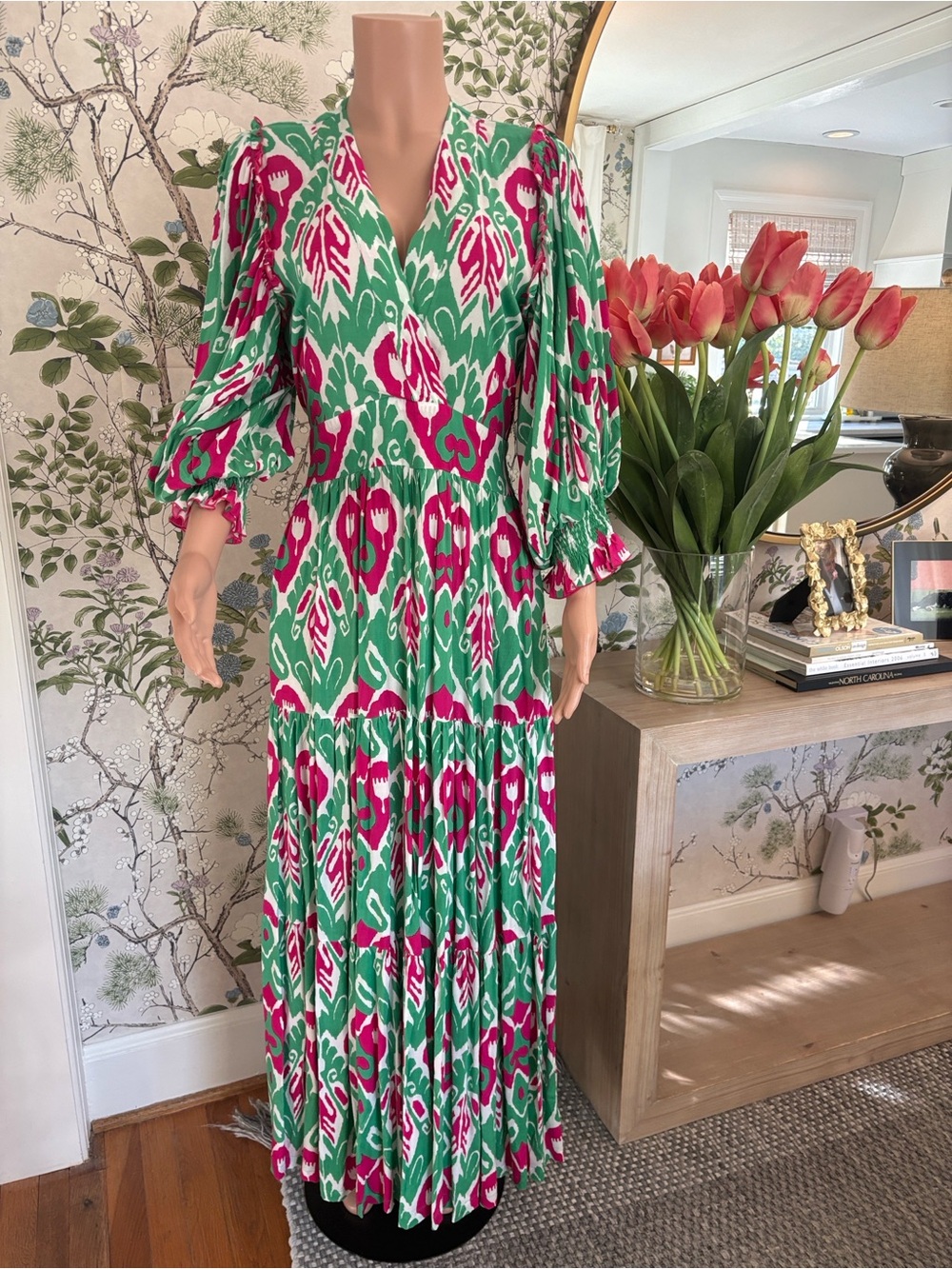 Green and Pink Floral V-Neck Maxi Dress